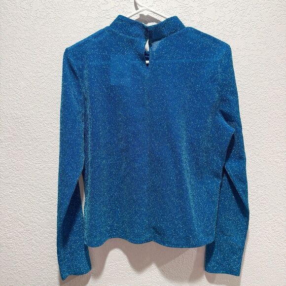 NWT TOPSHOP BLUE METALLIC GLITTER FUNNEL NECK TOP Women’s US 12 LONG SLEEVE - Picture 9 of 10